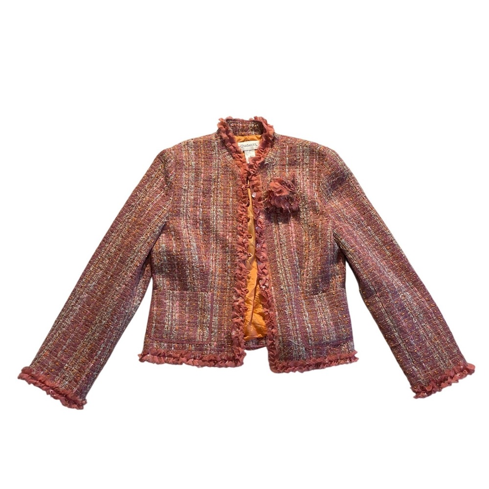 Y2K Orange Pink Tweed Ruffle Blazer Jacket Brooch Size 12 by Chadwicks